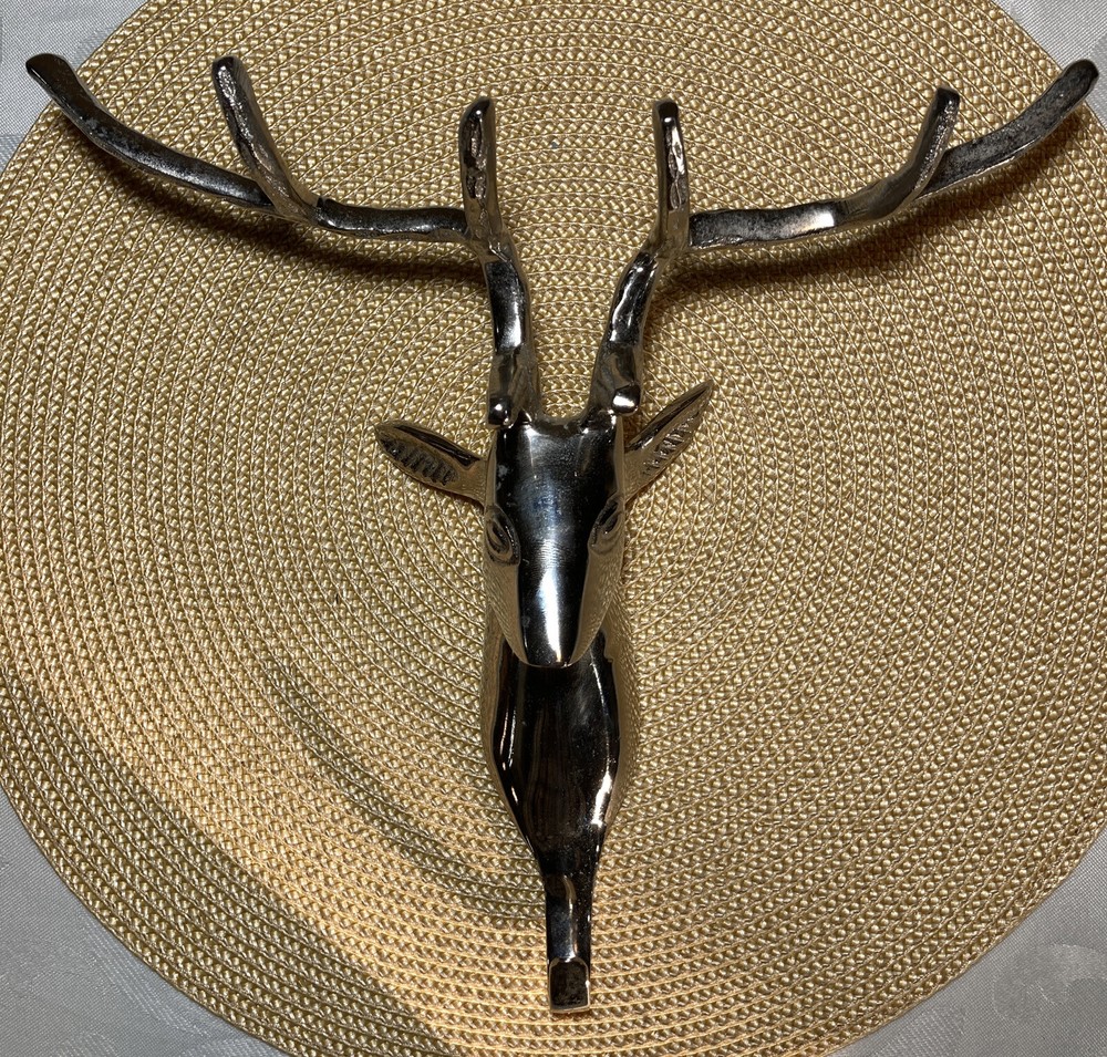 Polished Aluminum Metal Wall Coat Jacket Hook Mount Stag Deer Buck Cabin Lodge