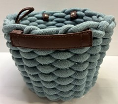Braided Rope Storage Basket Aqua Blue w/ Faux Leather Handles Boho