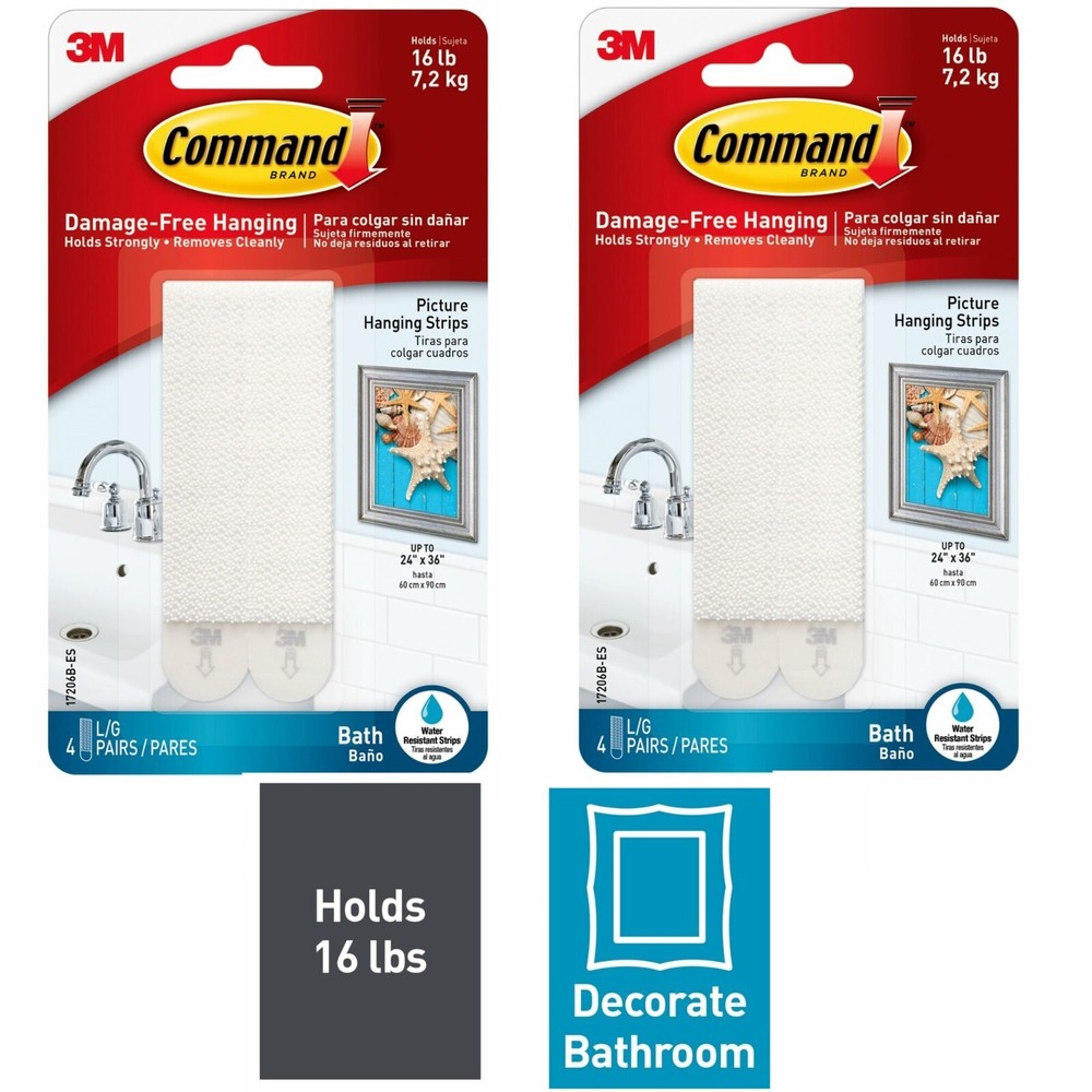 2 Packs 3M Command Bath Large Picture Hanging Strips 4 Pair/Pack (Total 8 Pairs)