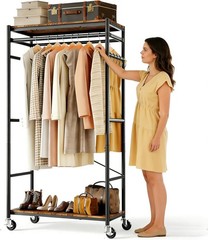Heavy Duty Rolling Clothes Rack Metal Closet Organizer Wood Shelves 450LB