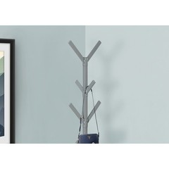Coat Rack, Hall Tree, 8 Hooks, Entryway, 70″h, Bedroom, Grey Metal, Contemporary