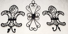 Set of 2 Black Metal Iron Fleur de Lis Wall Hooks & 1 Candle Holder Scroll Vtg