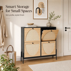 Rattan Shoe Storage Cabinet 4 Flip Down Doors Narrow Entryway Hallway Organizer