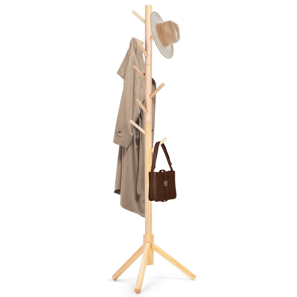 Solid Wooden Coat Rack Freestanding, Zealand Pine Coat Tree with 8 Hooks & 3 Adj
