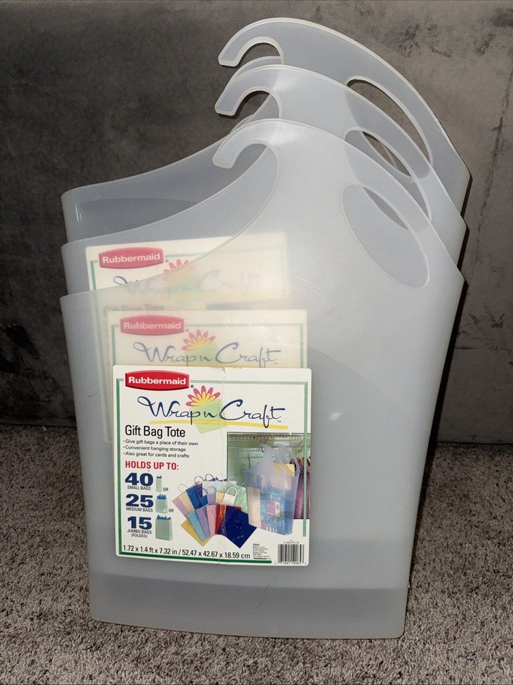 Set of 3 Rubbermaid Wrap n Craft Gift Bag Totes Clear Stackable Hanging 2003 USA