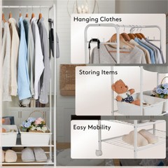 Wheeled Clothes Rack Garment Coat Jacket Shelf Stand Rack w/ 8 Hooks Easy Moving