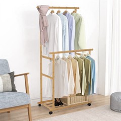 XXL Heavy Duty Bamboo Clothes Rail Garment Stand Hanging Rack with Rolling Wheel