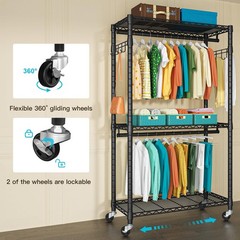FUTASSI P1 Heavy Duty Garment Rack, 3 Tiers Adjustable Rolling Metal Closet O…
