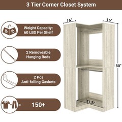32″ Wide Wood Corner Closet Organizer System with 2 Hanging Rod & Storage Shelve