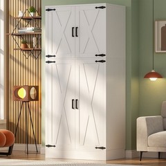 71” Farmhouse Wardrobe with 4 Barn Doors, Clothing Storage Cabinet with Shelves