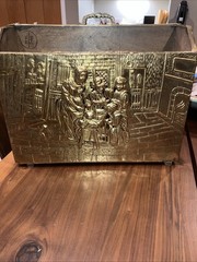 Vintage Embossed Hammered Brass Magazine Rack English Family Farm Kitchen Scene