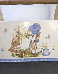 Vintage Holly Hobbie Metal Tin Storage Caddy Totes Wooden Handle 1970s Organizer