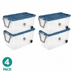 Sterilite 160 Qt Wheeled Storage Bin Clear Blue Latching Lid 4 Pack