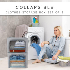 Stackable Storage Bins with Clear Window – 3 Pack Foldable Organizer Set, Grey