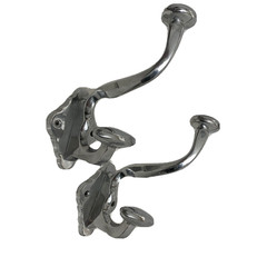 2 Traditional Ball Hat Coat Hooks Double Hanging Hook Cast Chrome Plated 9.5 t