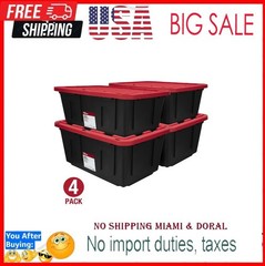 4 Pack Hyper Tough 27 Gal Storage Tote Snap Lid Container Red Lid