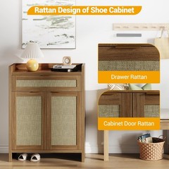 Boho Shoe Cabinet, 32 in Rattan Shoe Organizer with Doors and Drawer, Coffee …
