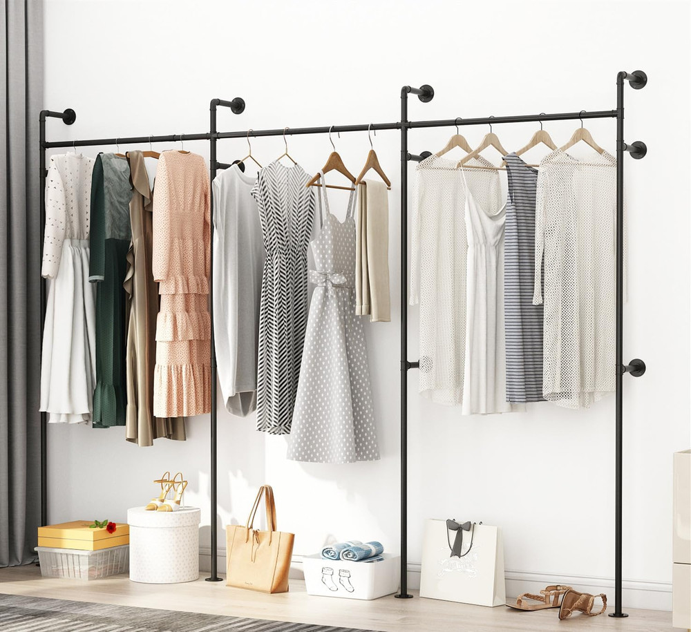 Industrial Pipe Clothing Rack, Heavy Duty Clothes Rack for Hanging Clothes, Wall