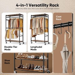 Heavy Duty Rolling Clothes Rack Metal Closet Organizer Wood Shelves 450LB