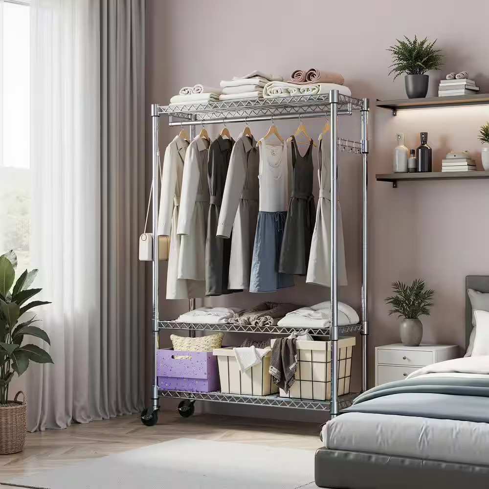 Chrome Carbon Steel Rolling Clothes Rack 3-Tier Garment Rack on Wheels W/ Rod Me