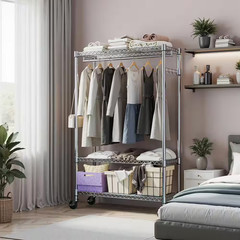 Chrome Carbon Steel Rolling Clothes Rack 3-Tier Garment Rack on Wheels W/ Rod Me
