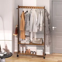 XL Movable Solid Wood Clothes Rack Clothing Rack with Shelf & Hook Garment Stand