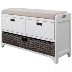 20 In. H X 32 In. W White Soild Wood Shoe Storage Bench with Removable Basket an