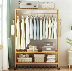 Bamboo Clothes Rail Scarf Cart Hanging Garment Coat Rack w 3 Tier Storage Shelf