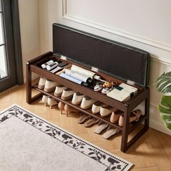 Shoe Storage Bench 39.37″ with Vegan Leather Seat, Lift Top & Shelves, Entryway
