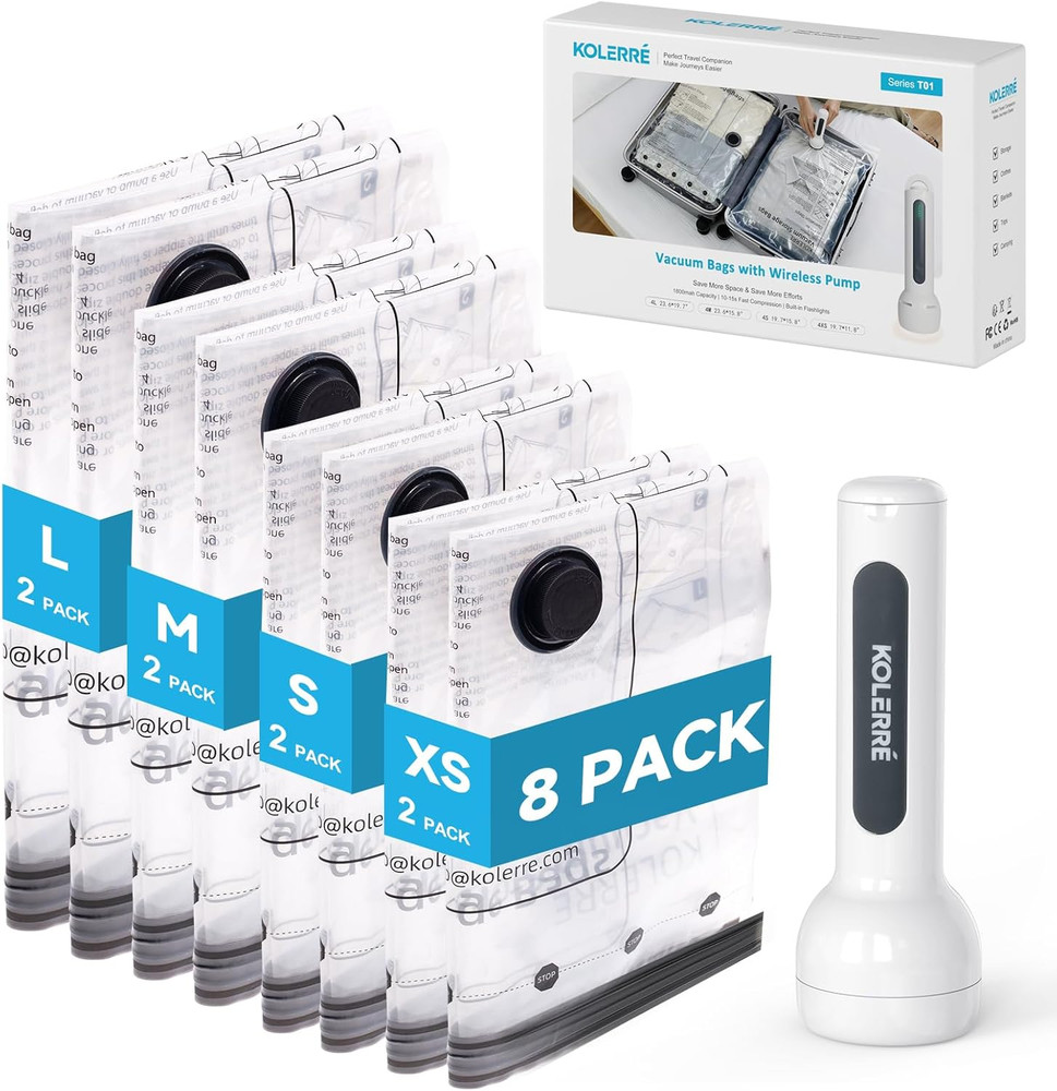 8 Pack Travel Vacuum Bags with Wireless Pump – Space Saver for Luggage & Travel