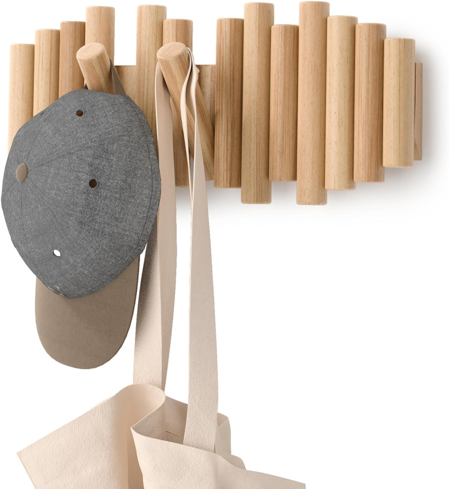 Picket 5 Hooks, Wall-Mounted Rail, Doubles as Art, Beveled Pine Wood Dowels, Nat