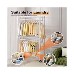 White 3 Tiers Heavy Duty Steel Rolling Clothes Rack with 2 Rods and Side Hooks,