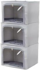 Stackable Storage Bins with Clear Window – 3 Pack Foldable Organizer Set, Grey