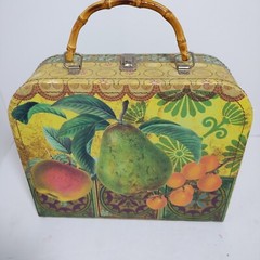 Vintage Storage Box Purse Bamboo Handle Metal Clasp Fruit Pear Apple 10″ Cottage