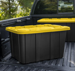 Set of 6 large Sterilite storage bins, 27-gallon capacity, with locking lids.