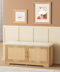 Rattan Shoe Storage Bench with Cushion, 39.4″ Wide Entryway Bench with Adjustabl
