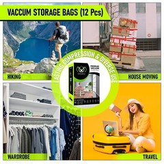 Vacuum Storage Bags – Space Saver for Clothes & Travel with Hand Pump – 12 Pack