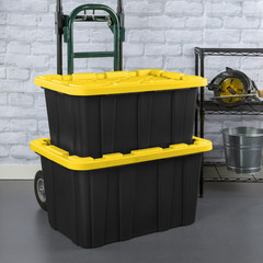 Sterilite Large Storage Bin, 27 Gallon Plastic Storage Tote Black/Yellow, 6 Pack