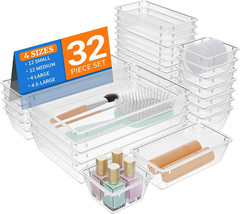 32 PCS Clear Plastic Drawer Organizer Set, 4-Size Vanity Organizer Trays and Sto