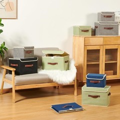 Collapsible Cotton Linen Storage Bin with Faux Leather Handles Decorative Fabric