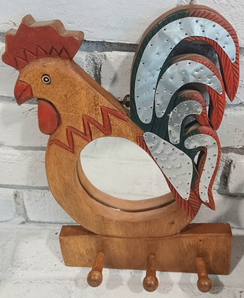 Wood Vintage Rooster Mirror Wall Hanging Coat Rack 9 1/2″ x 15″