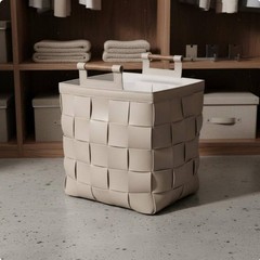 Woven Leather Basket Minimalist Aesthetic Handmade Woven Hamper for Living Room