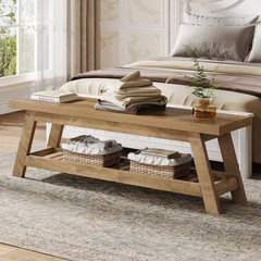 13 In. H X 55 In. W Light Walnut Wood Shoe Storage Bench, Large 2-Tier Narrow Sh