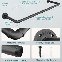 Industrial Pipe Clothes Rack Wall Mounted Set of 2, 38.4 inches Heavy Duty Iron