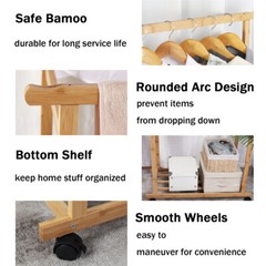 XXL Heavy Duty Bamboo Clothes Rail Garment Stand Hanging Rack with Rolling Wheel