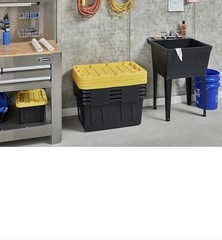 Commander 27 Gallon BlackYellow Plastic Storage Bin Lidded Stackable Tote 2 pack