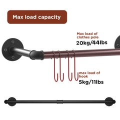 2pcs Wall Mount Pipe Clothes Rack Heavy Duty Black Garment Hanging Bar 4pcs Hook