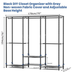 960 LBS Portable Wardrobe Closet Clothes Rack Storage Organizer with Cover Grey