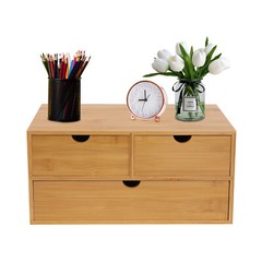 Bamboo Desk Organizer -Tabletop Mini Bamboo Desk Drawer Storage Box w/ 3 Drawers