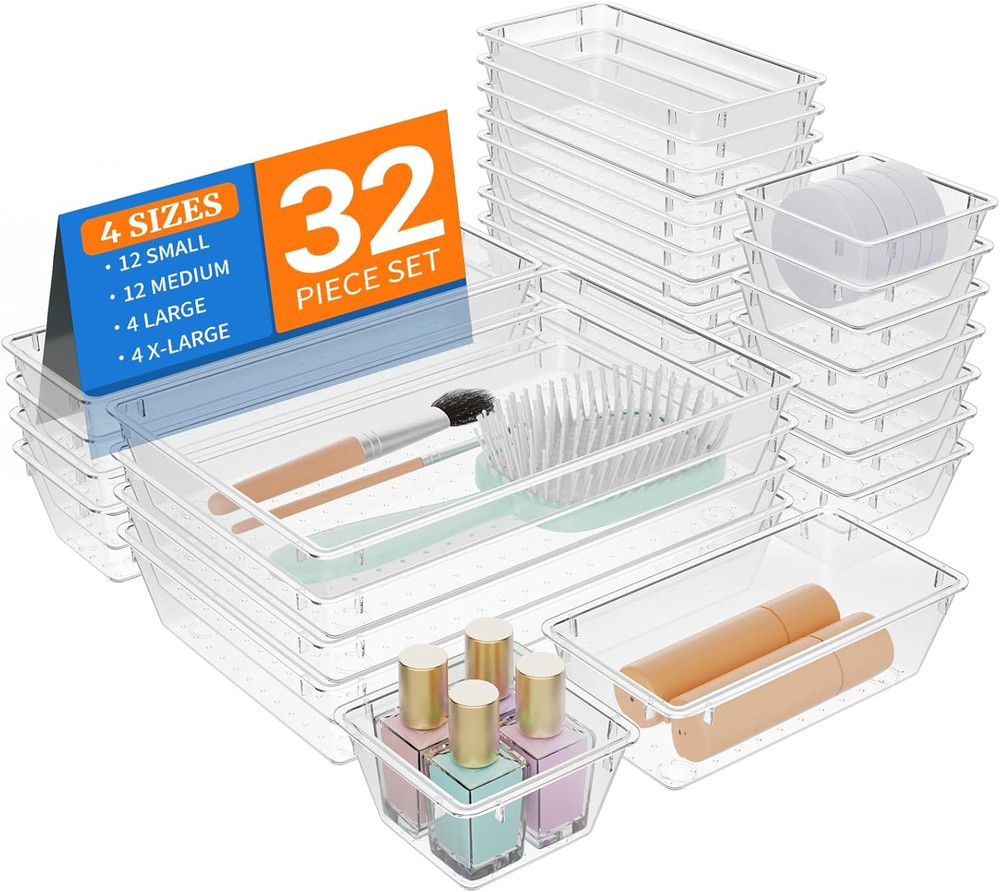 Stormiracle 32 PCS Clear Plastic Drawer Organizer Set, 4-Size Vanity Organizer T